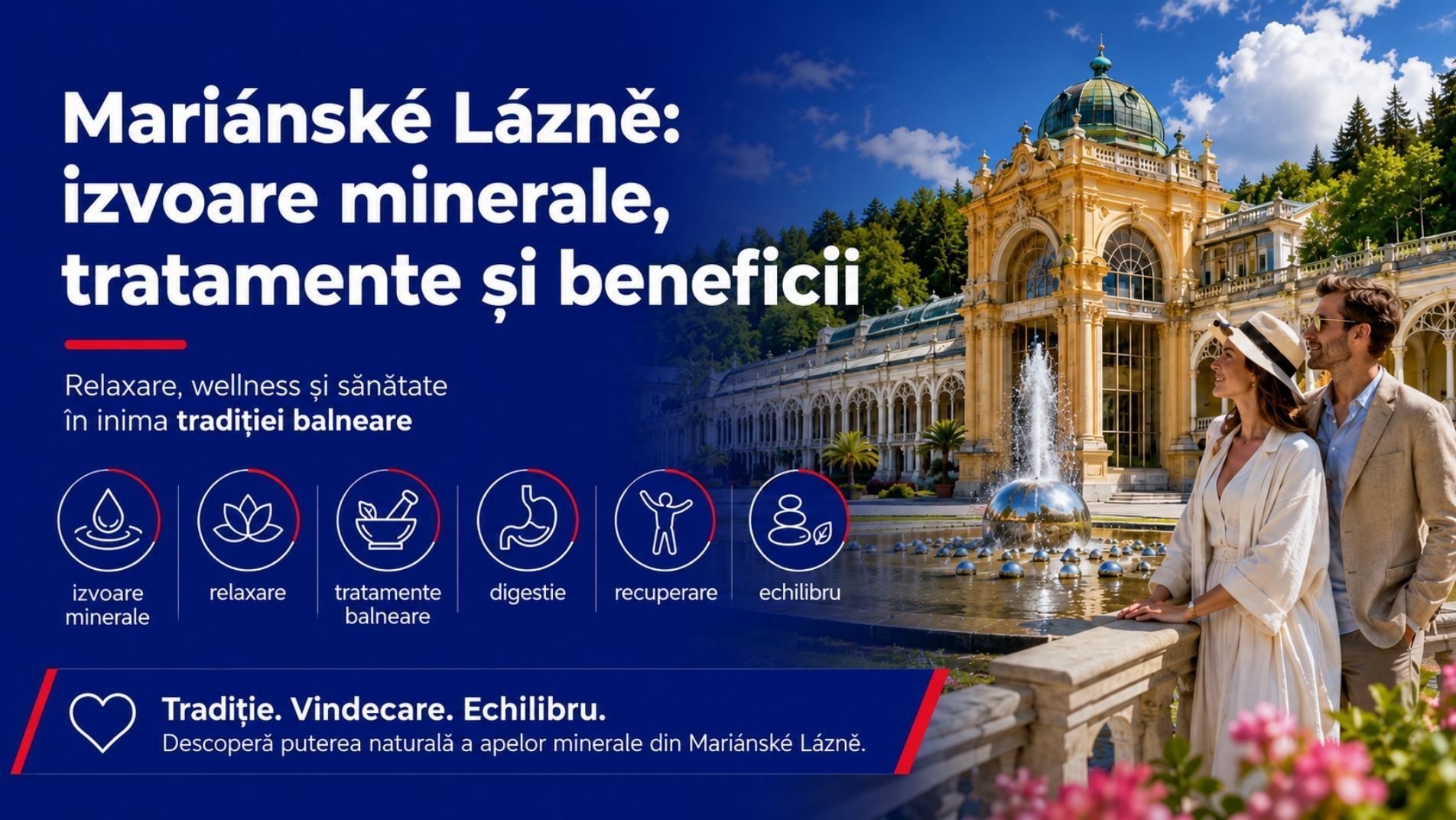 Stațiunea Mariánské Lázně din Cehia, renumită pentru izvoarele sale minerale și tratamentele balneare
