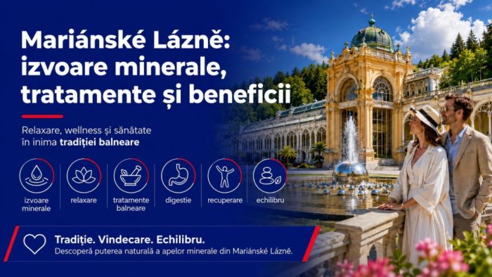 Stațiunea Mariánské Lázně din Cehia, renumită pentru izvoarele sale minerale și tratamentele balneare