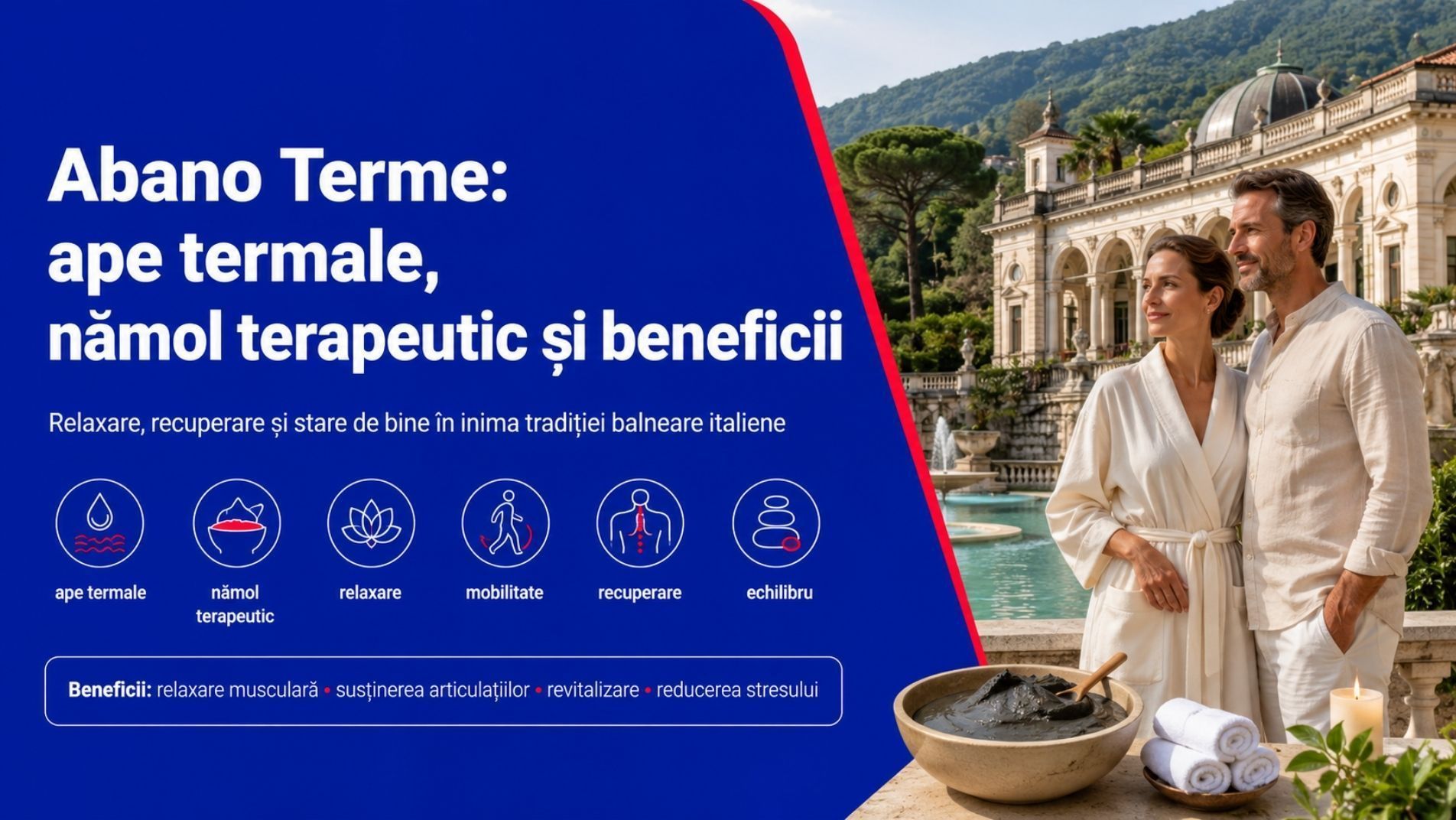 Abano Terme, una dintre cele mai renumite stațiuni balneare din Italia, cunoscută pentru nămolul terapeutic și apele termale