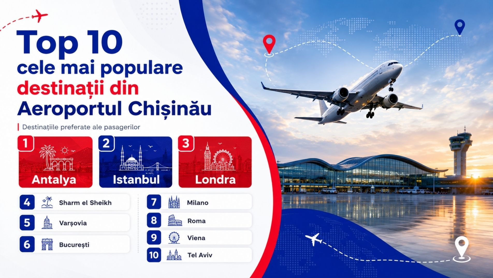 Cele mai populare destinații de zbor din Aeroportul Chișinău