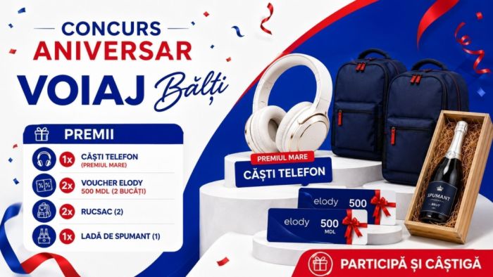 Concurs aniversar Voiaj Bălți 2026 cu premii pentru participanții care urmăresc paginile de social media Voiaj International.