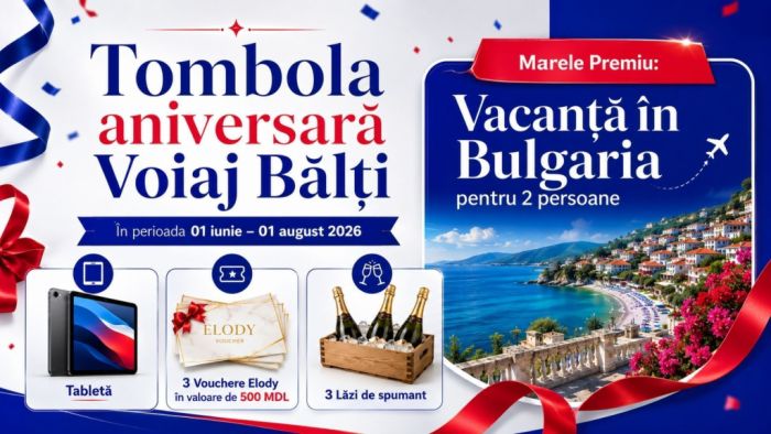 Tombola aniversară Voiaj Bălți 2026 cu vacanță în Bulgaria, tabletă și alte premii pentru clienții Voiaj International.